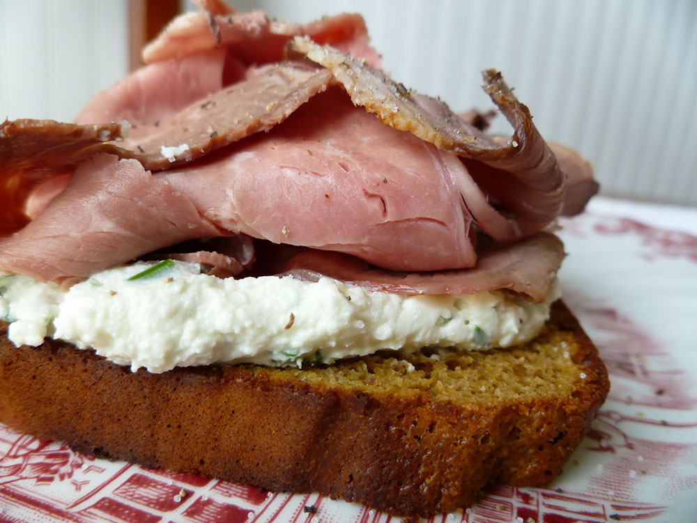 grain free bread with herbed goat cheese and roast beef