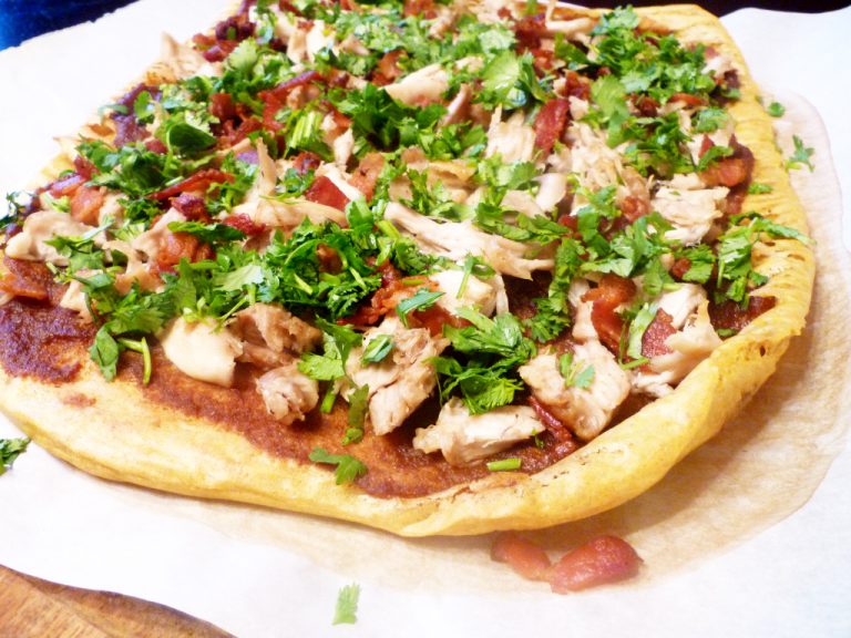 BBQ Pizza with Chicken, Bacon and Cilantro (AIP, Paleo)