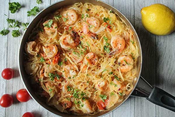 Shrimp and Spaghetti Squash with a Garlic White Wine Sauce