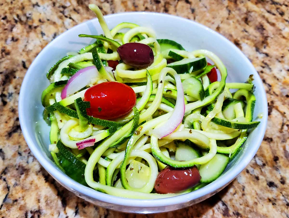 zucchini pasta salad in a bowl